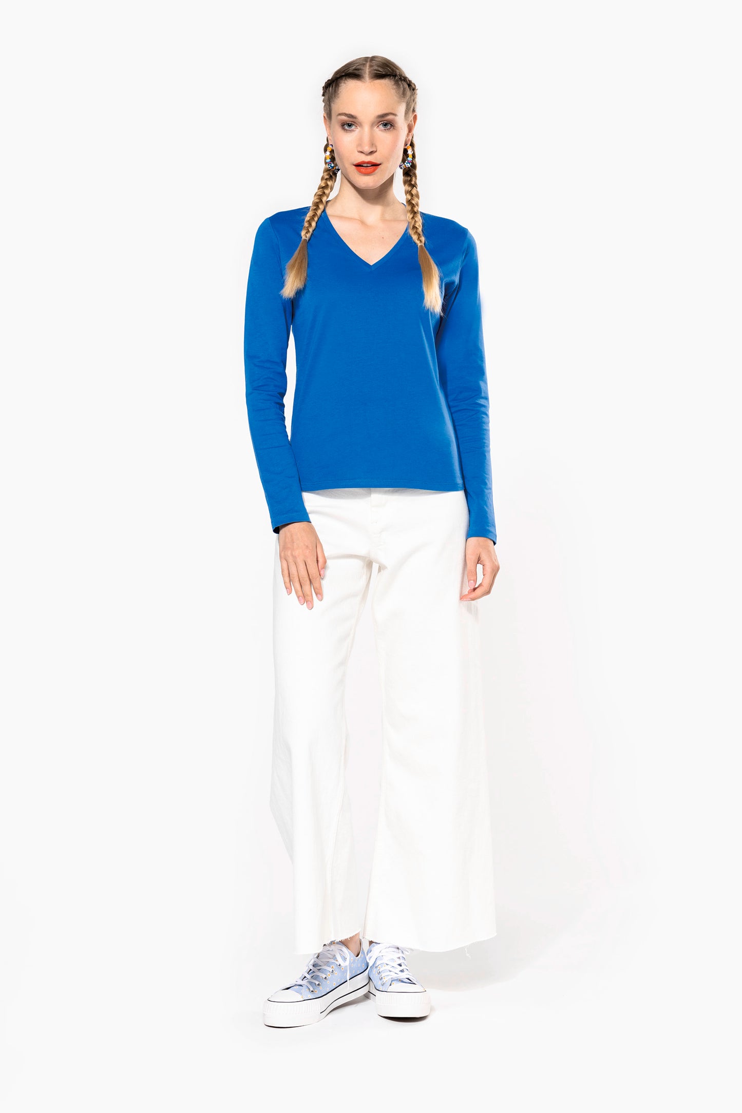 Dames t-shirt V-hals lange mouwen