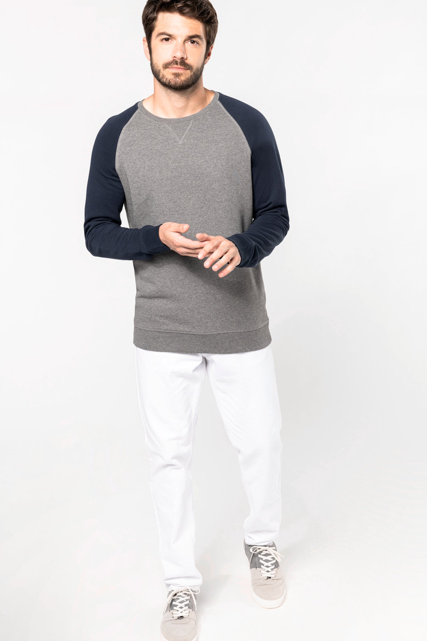 Tweekleurige herensweater BIO ronde hals raglanmouwen