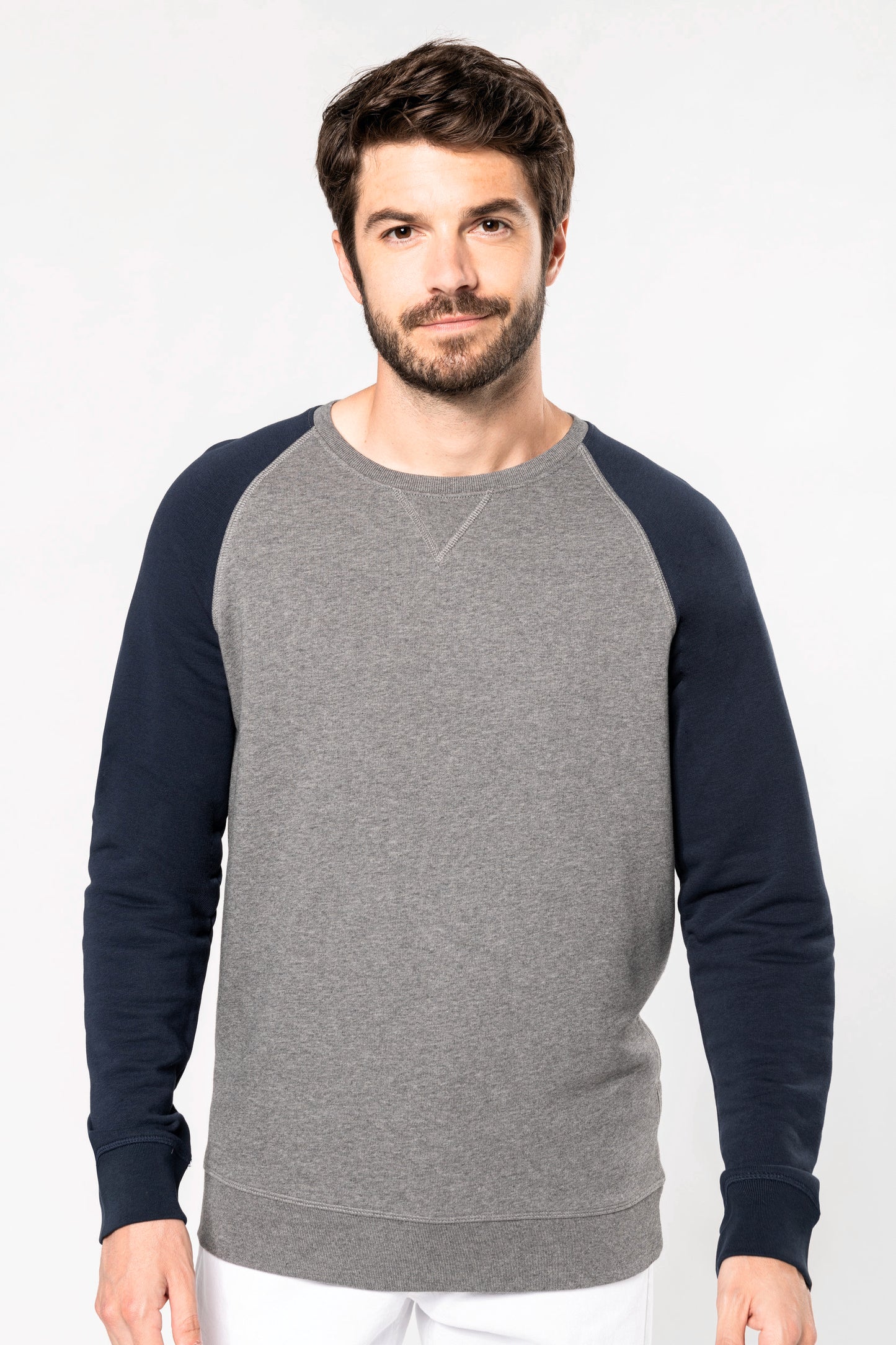 Tweekleurige herensweater BIO ronde hals raglanmouwen