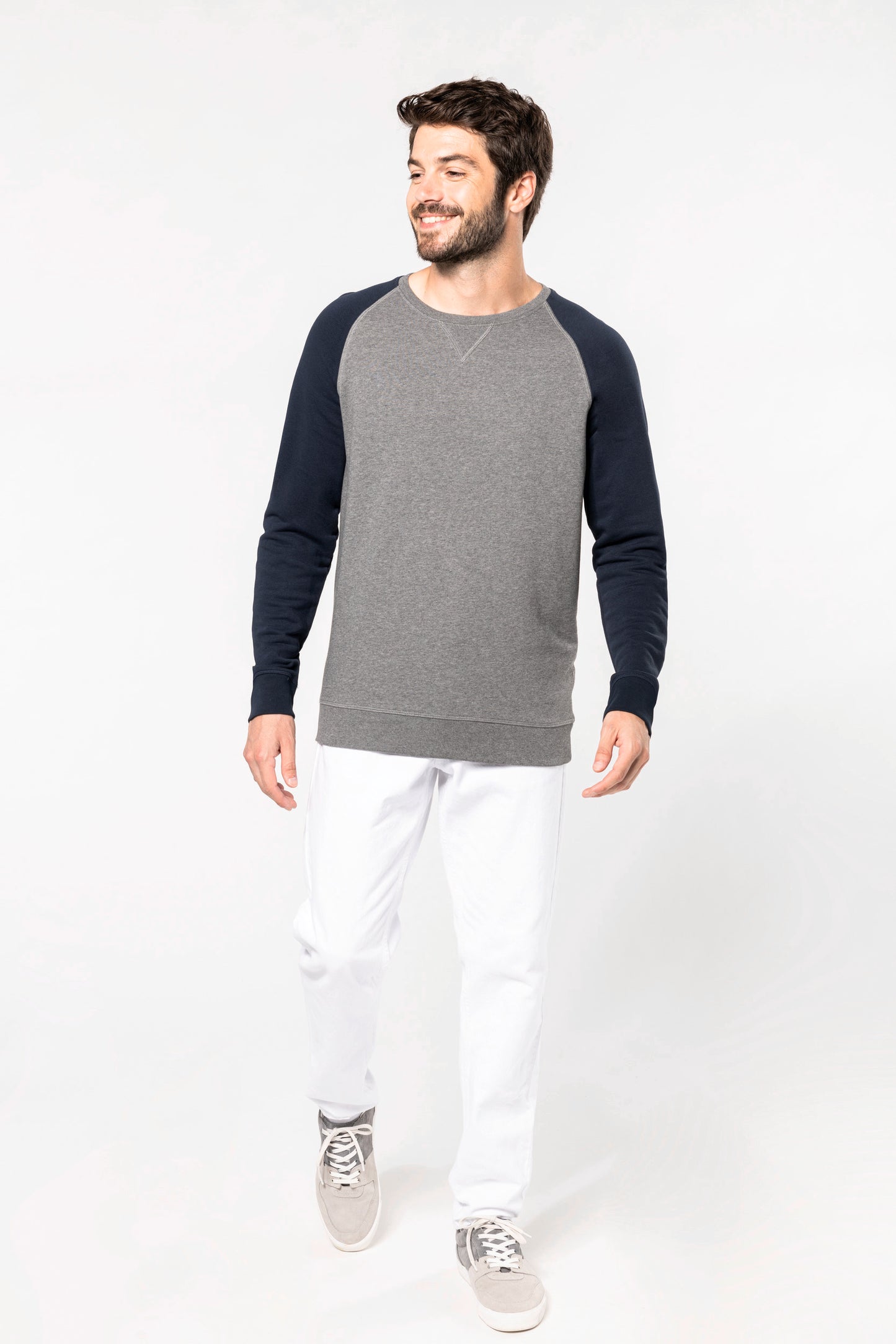 Tweekleurige herensweater BIO ronde hals raglanmouwen