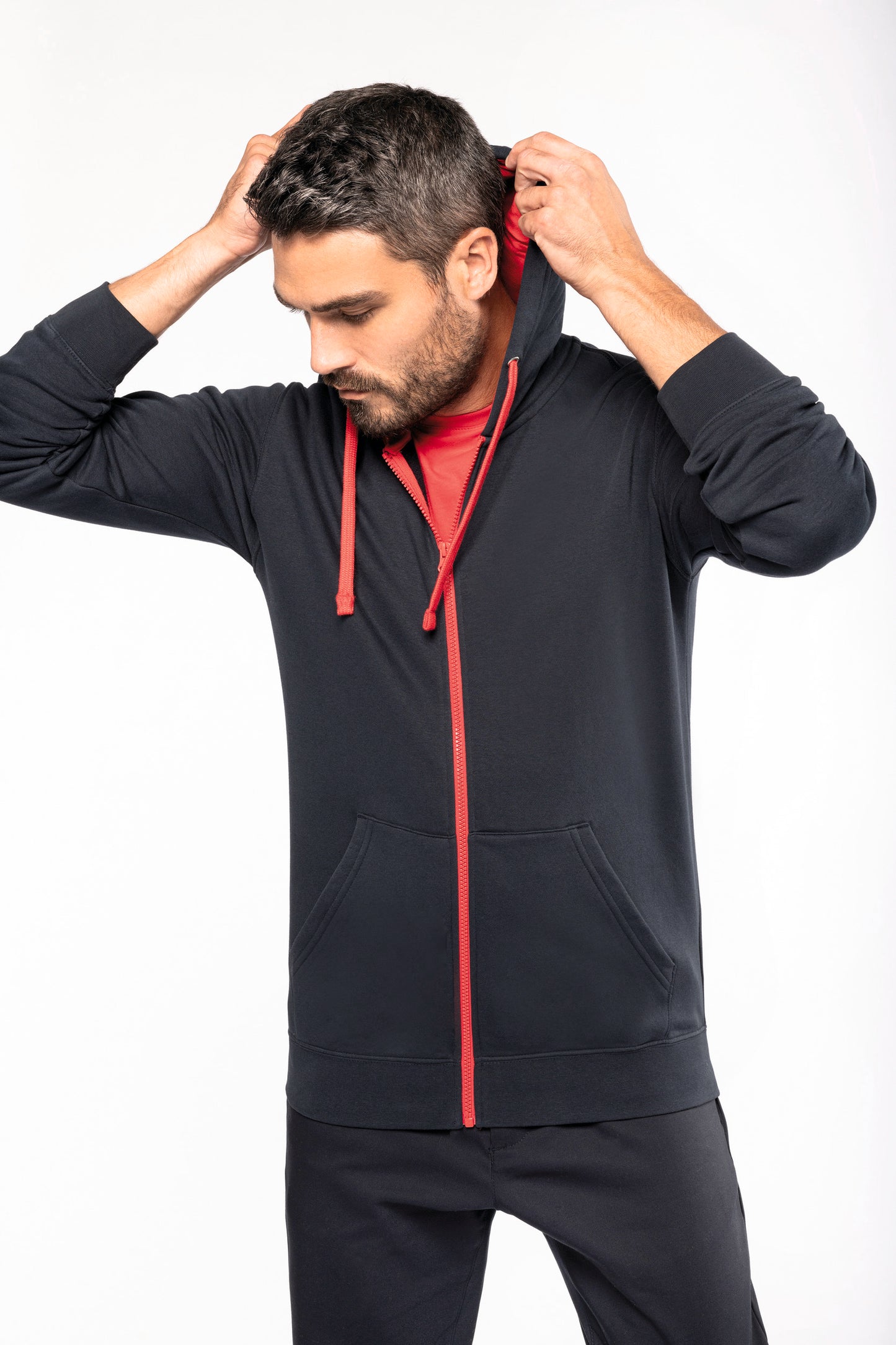 Herensweater met rits en capuchon in contrasterende kleur