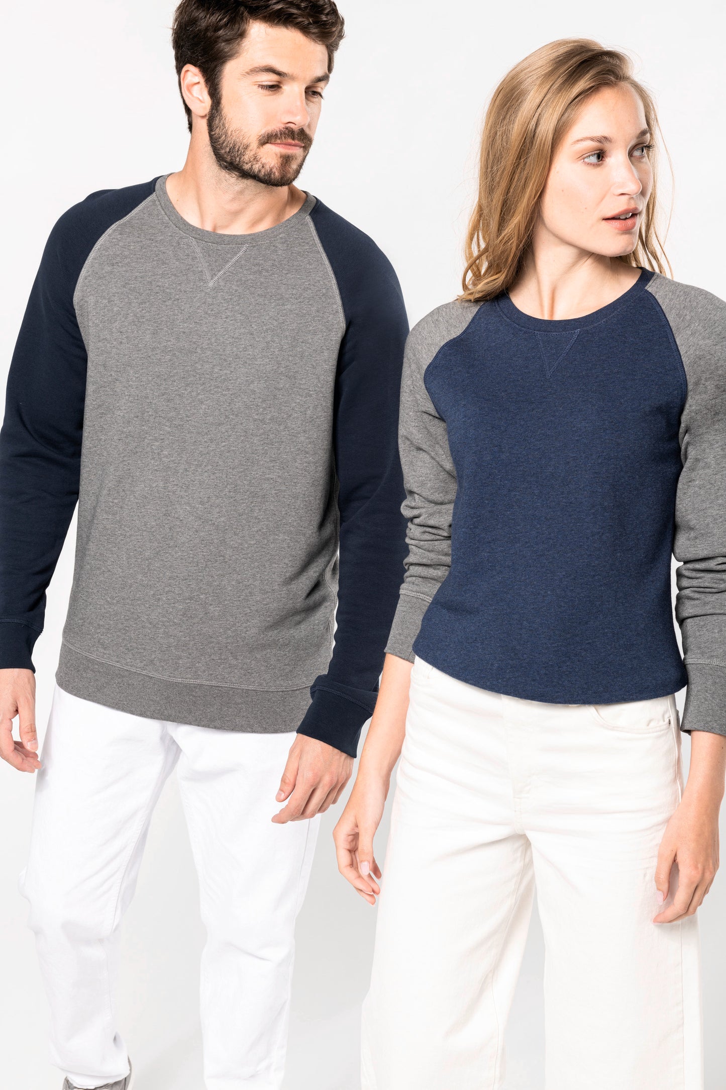 Tweekleurige herensweater BIO ronde hals raglanmouwen