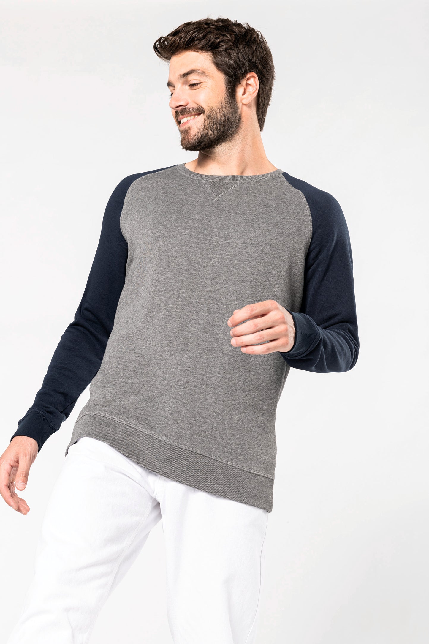 Tweekleurige herensweater BIO ronde hals raglanmouwen
