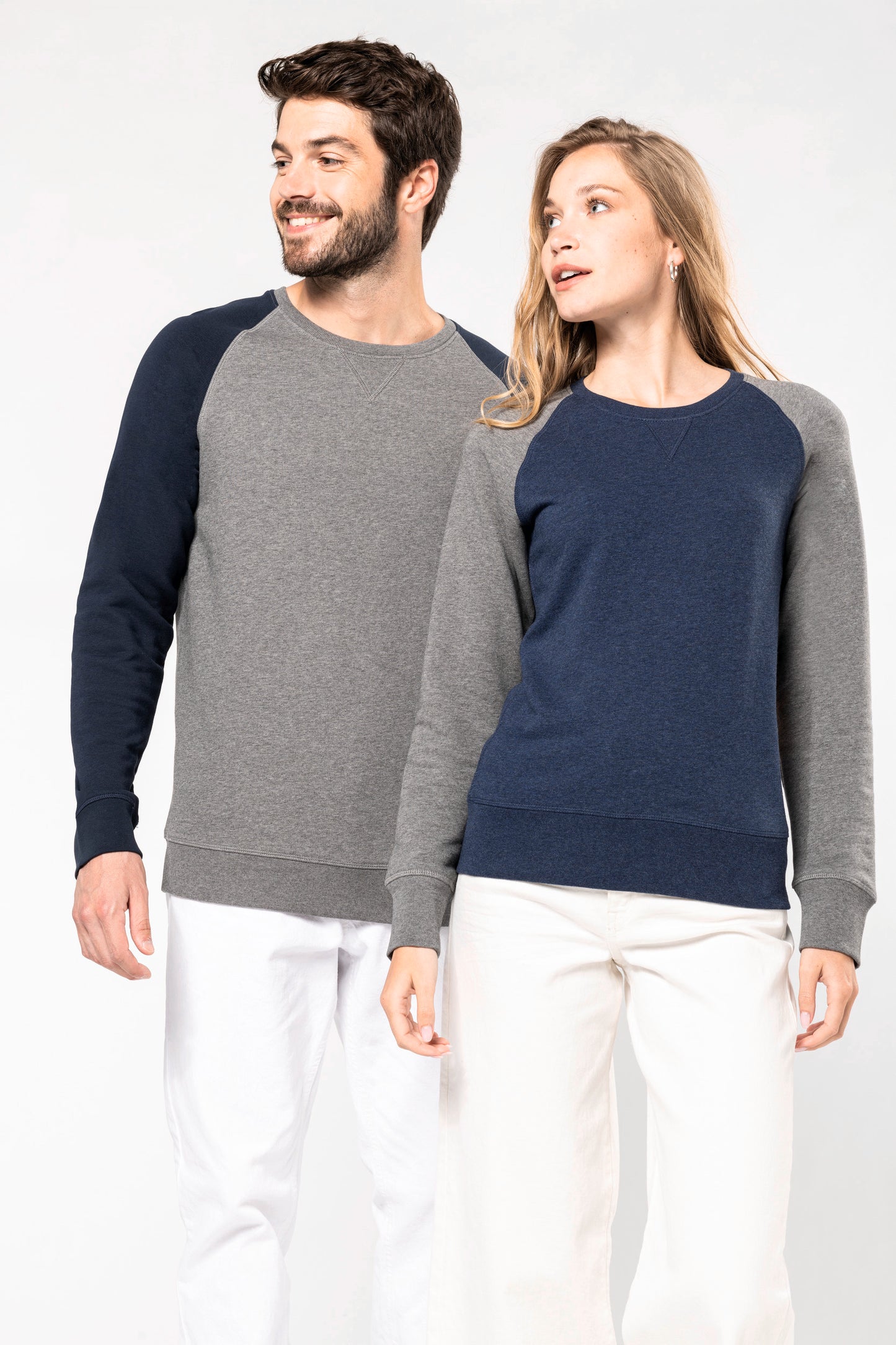 Tweekleurige herensweater BIO ronde hals raglanmouwen