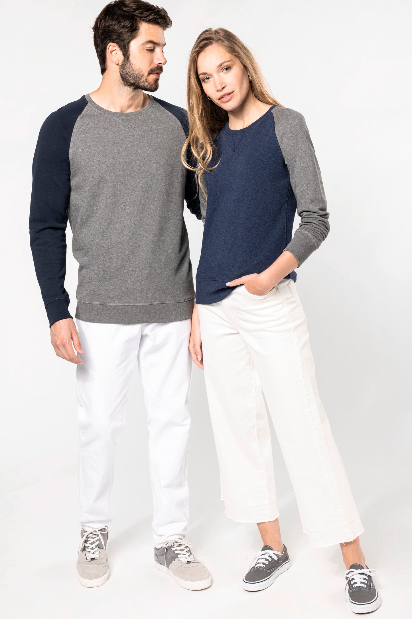 Tweekleurige herensweater BIO ronde hals raglanmouwen