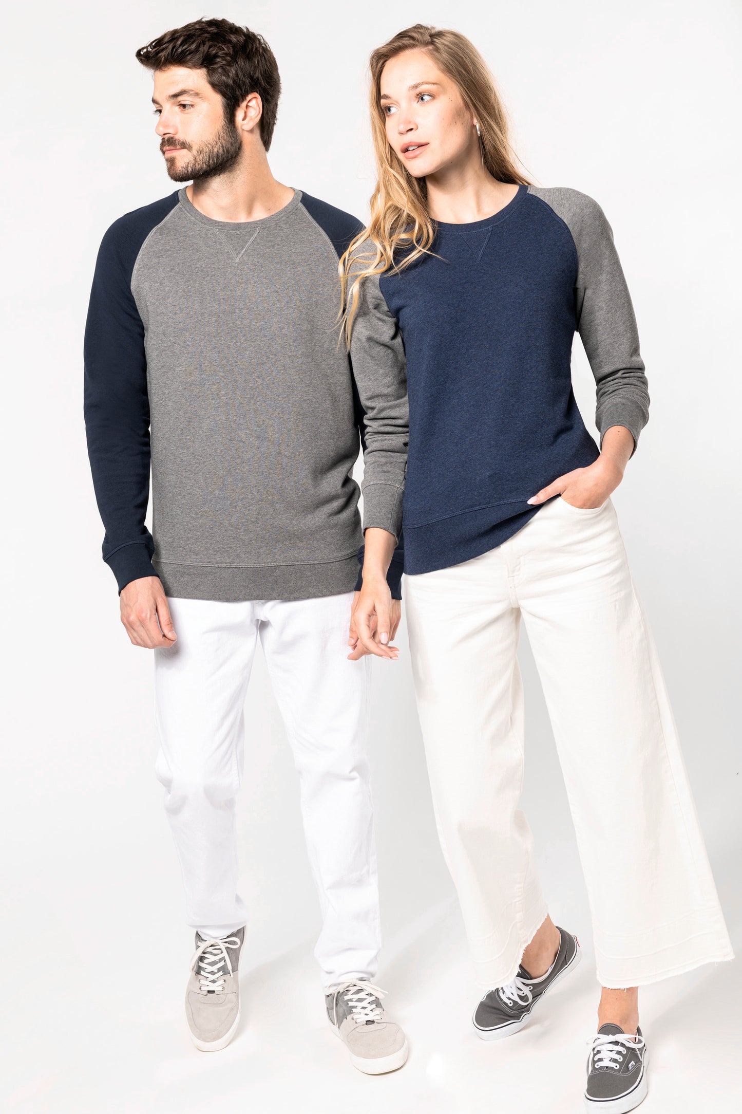 Tweekleurige herensweater BIO ronde hals raglanmouwen