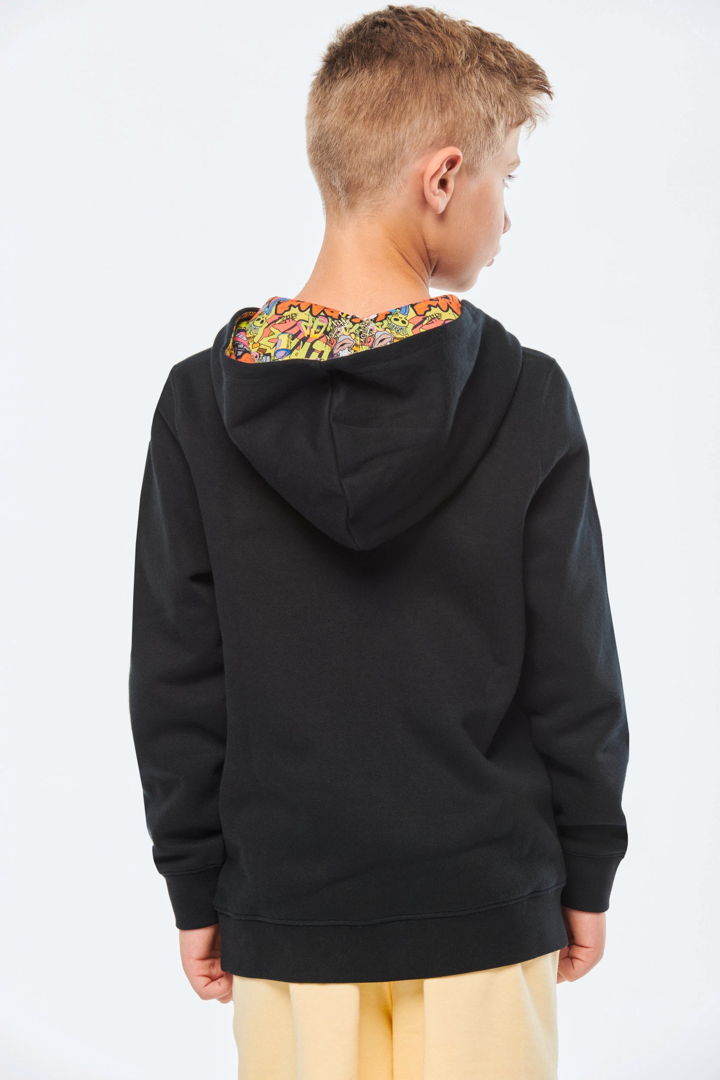 Unisex kindersweater met contrasterende capuchon met motief