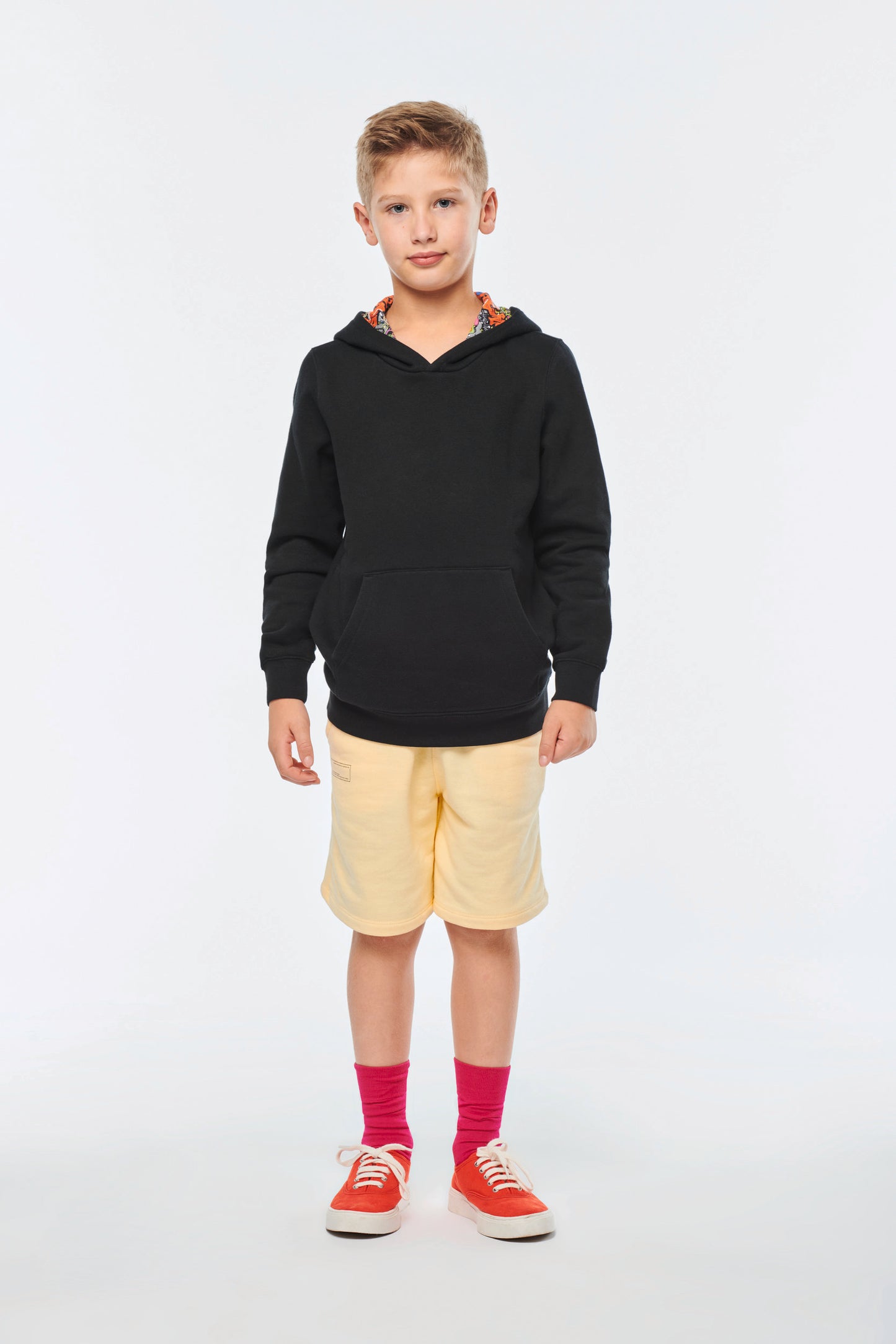 Unisex kindersweater met contrasterende capuchon met motief