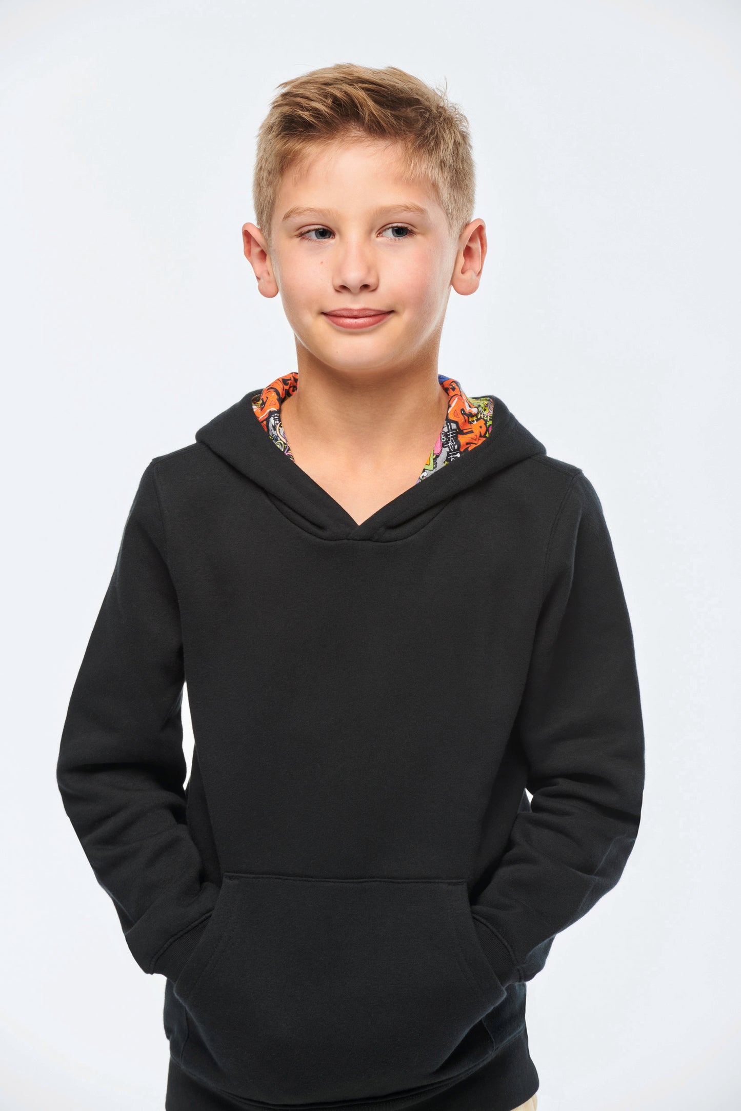 Unisex kindersweater met contrasterende capuchon met motief
