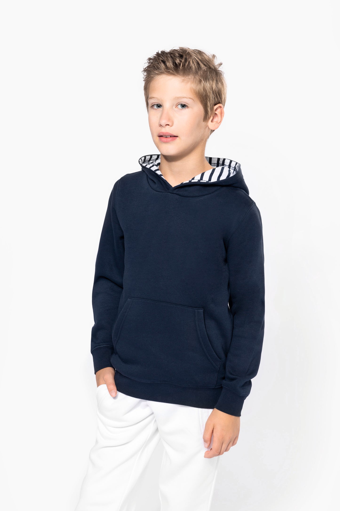 Unisex kindersweater met contrasterende capuchon met motief