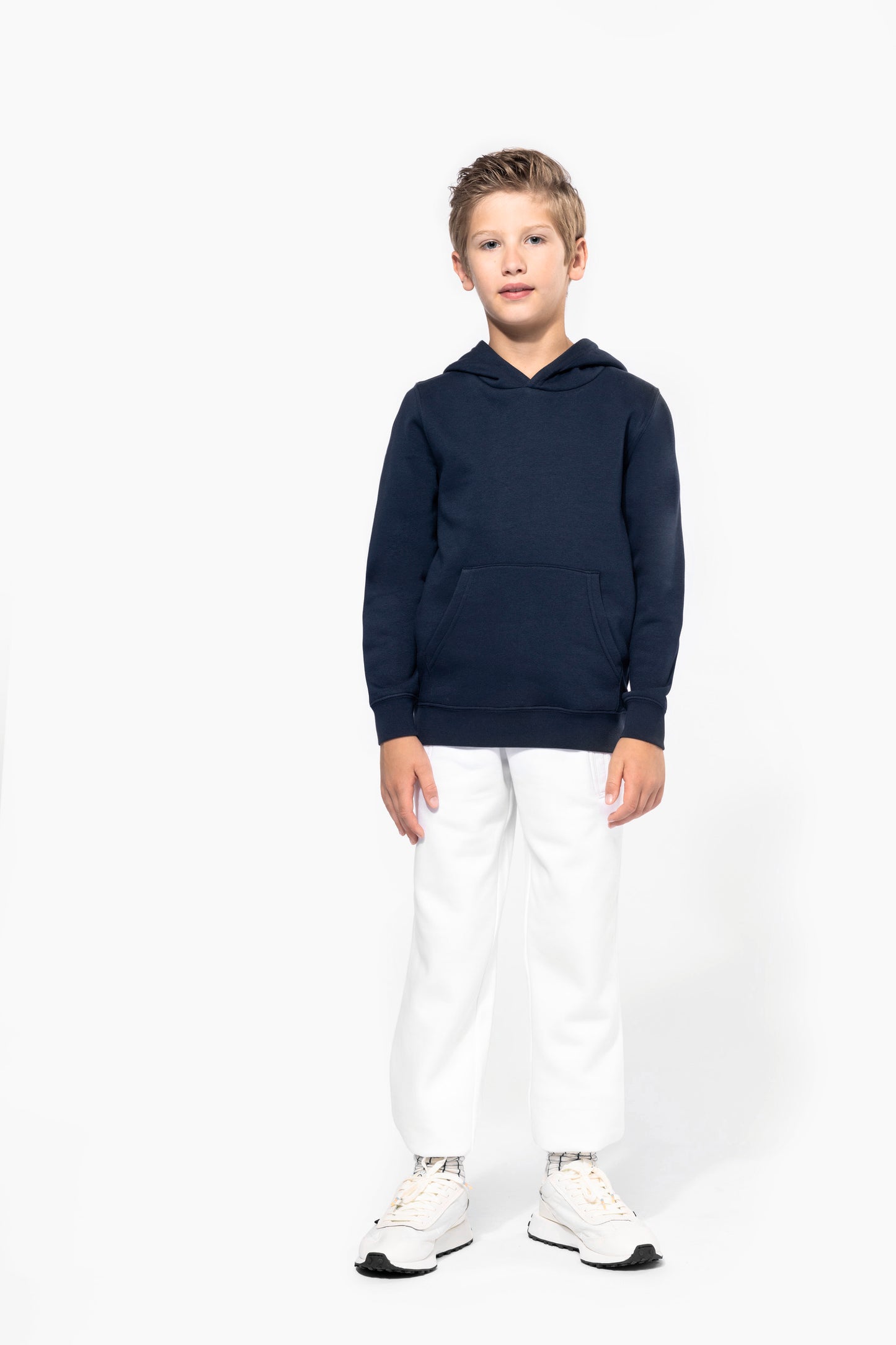 Unisex kindersweater met contrasterende capuchon met motief