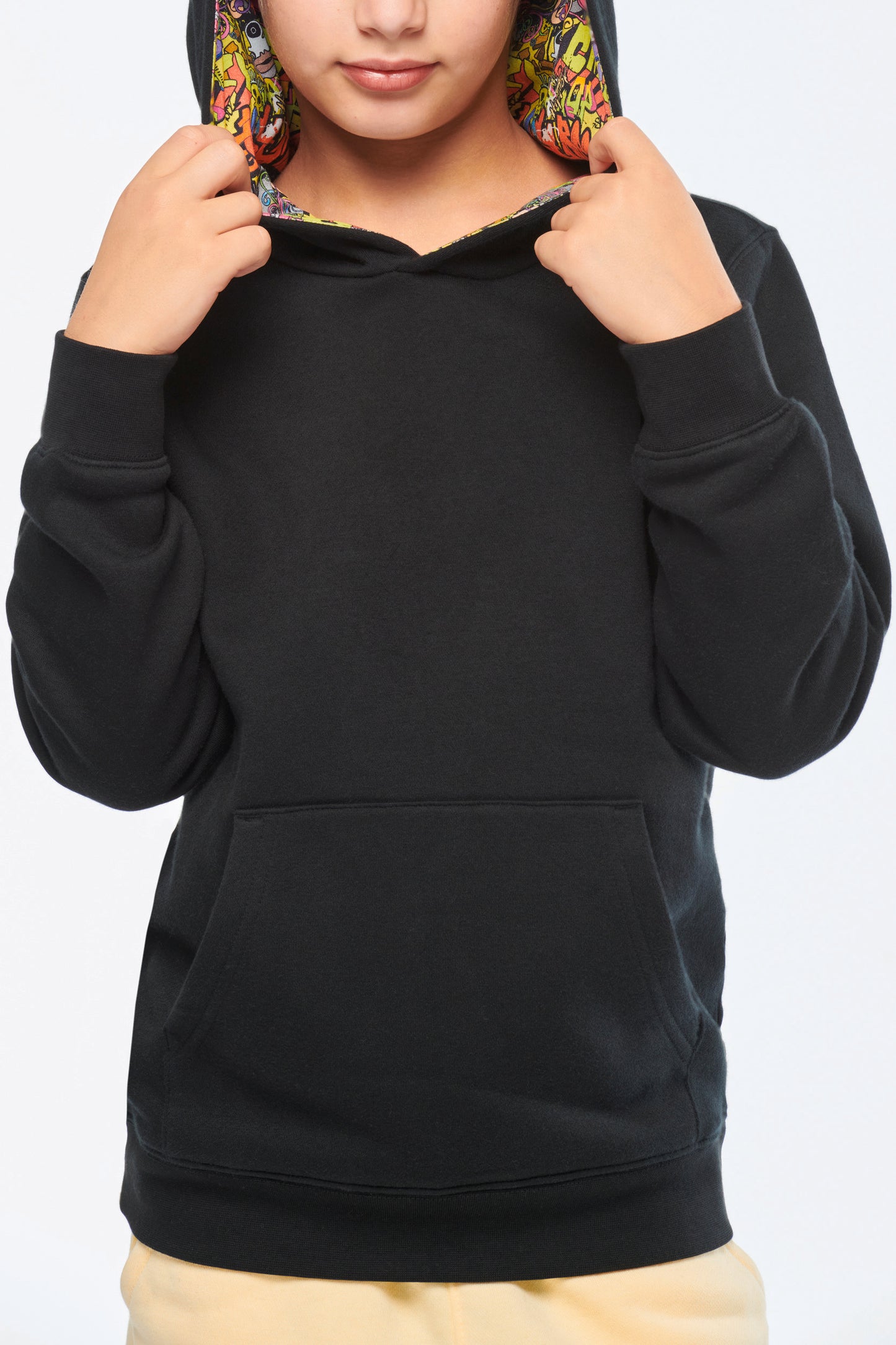 Unisex kindersweater met contrasterende capuchon met motief