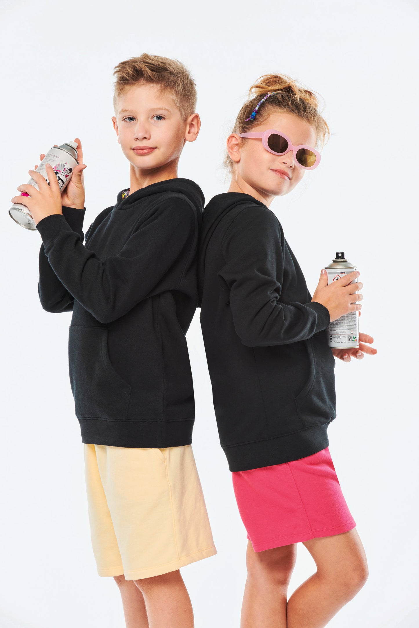 Unisex kindersweater met contrasterende capuchon met motief