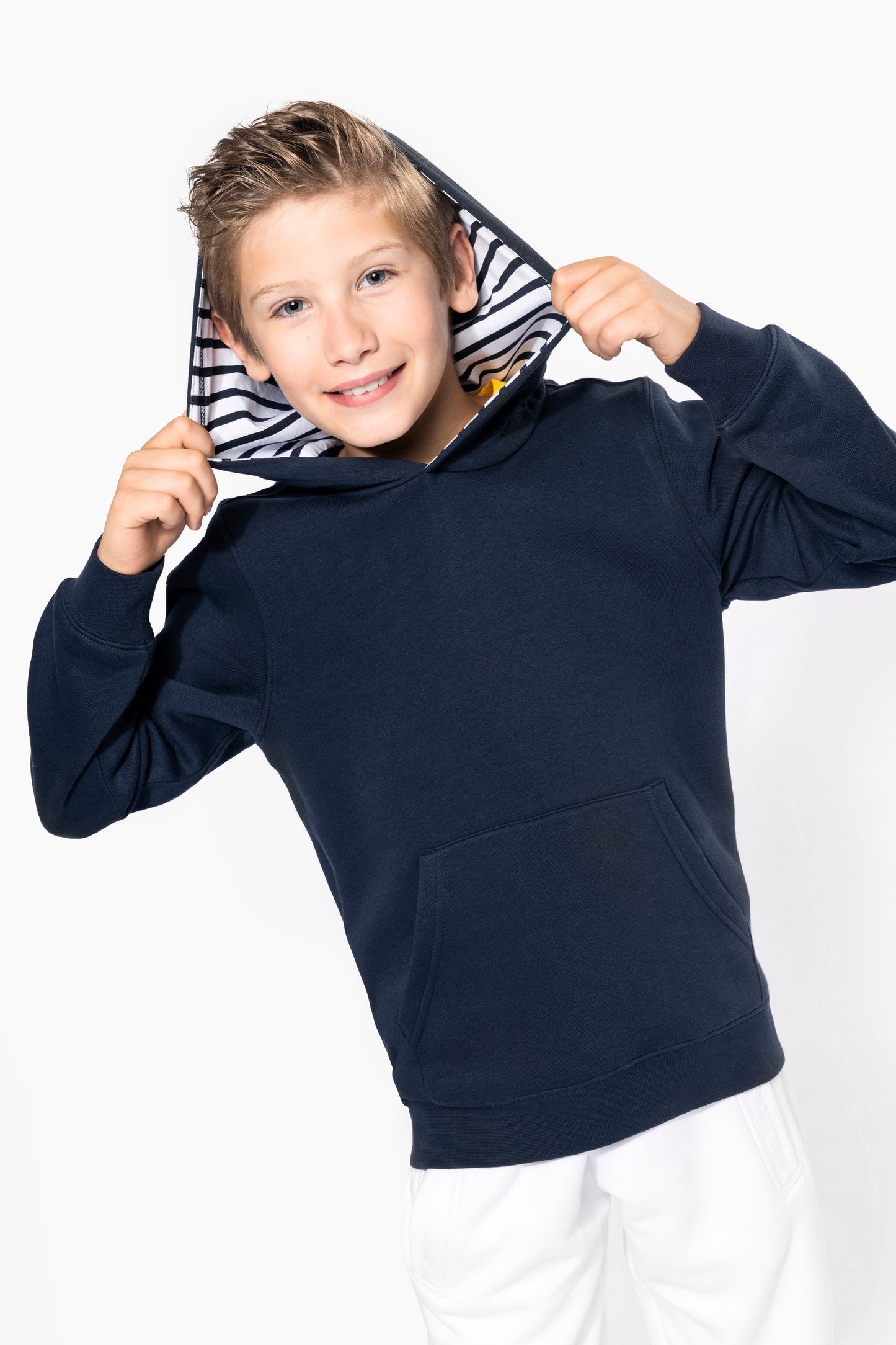 Unisex kindersweater met contrasterende capuchon met motief