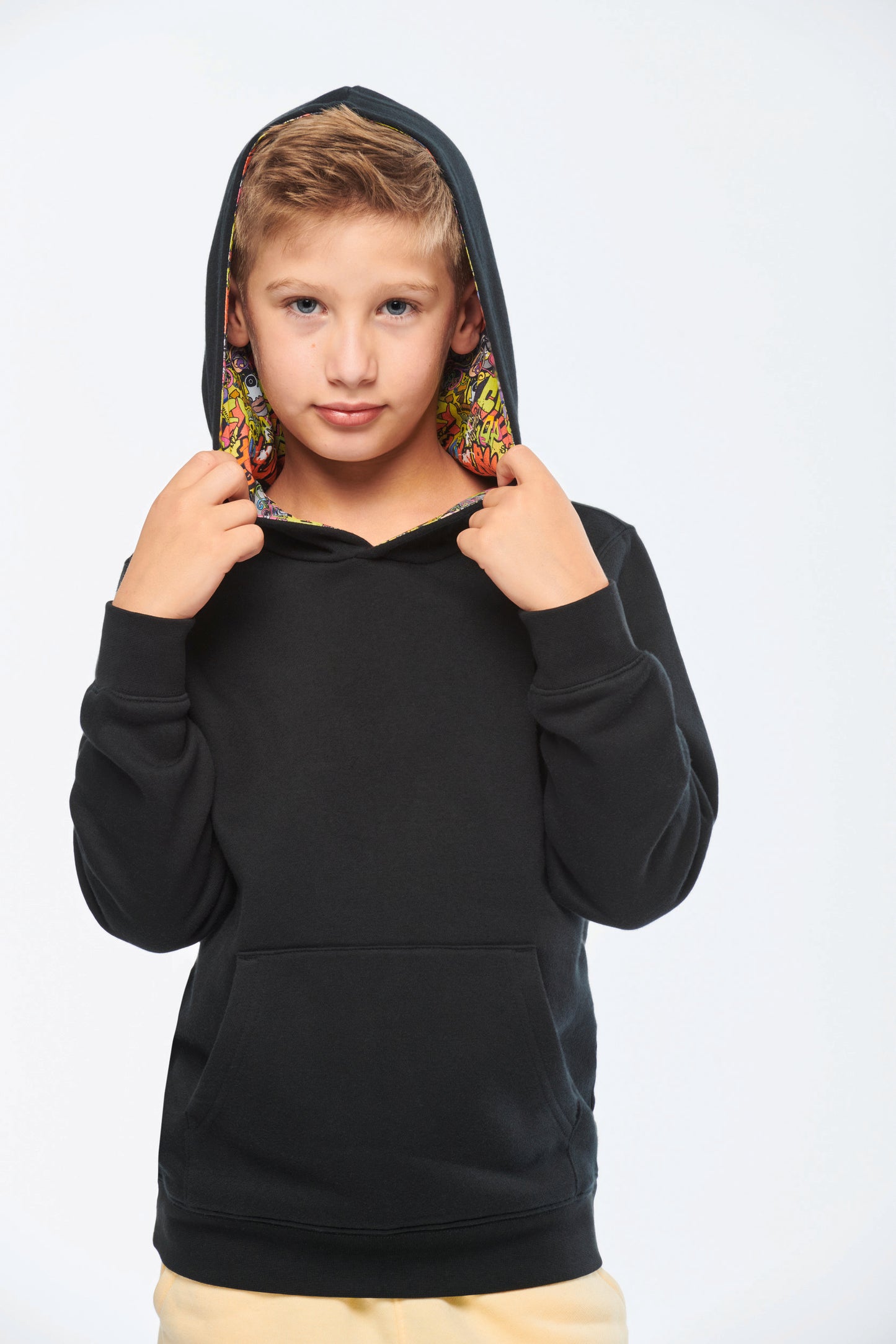 Unisex kindersweater met contrasterende capuchon met motief