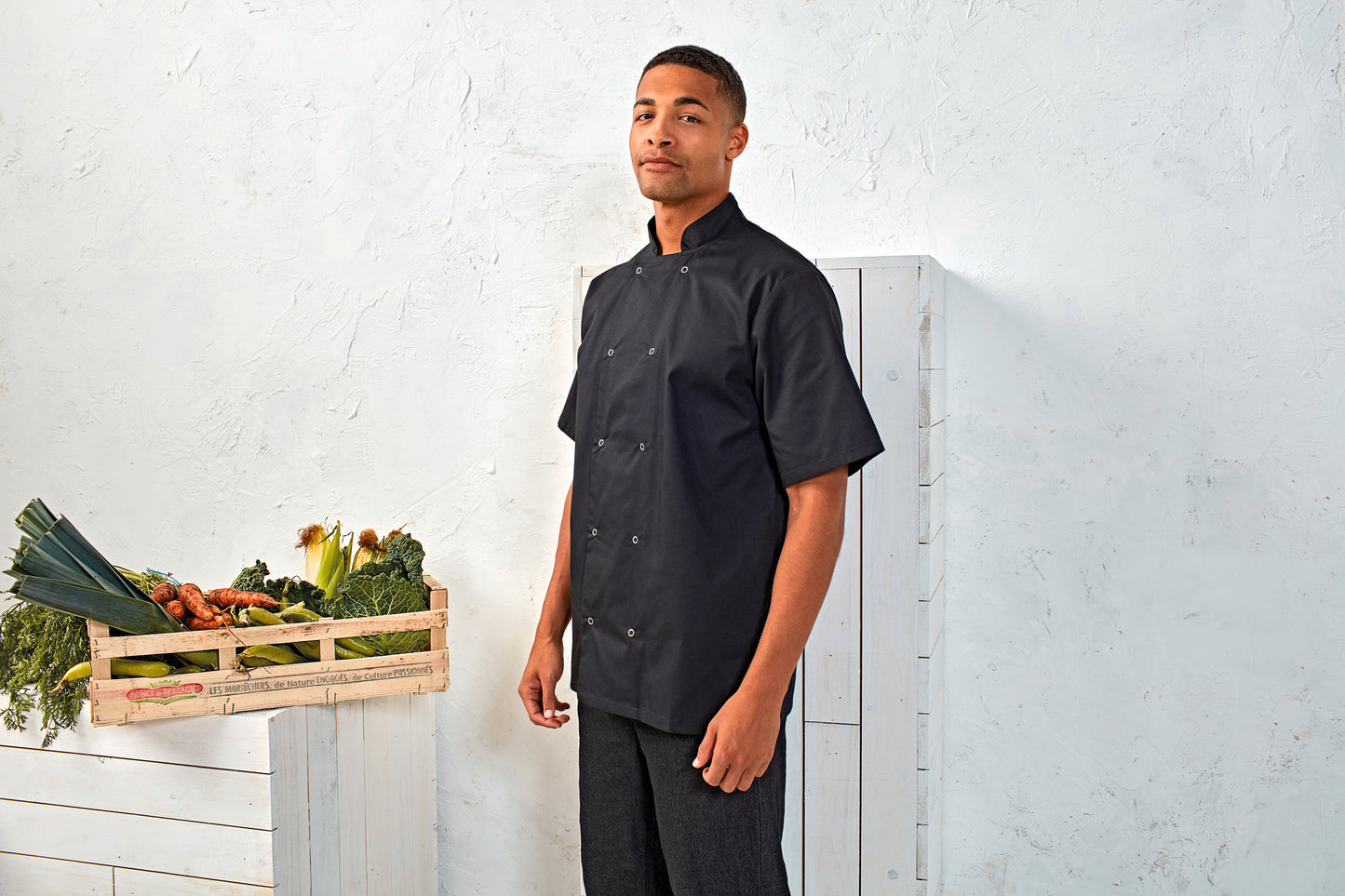 Studded Front Short Sleeve Chef's Jacket