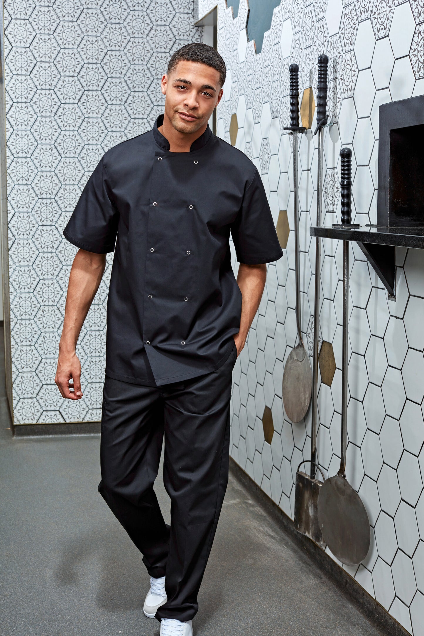 Studded Front Short Sleeve Chef's Jacket