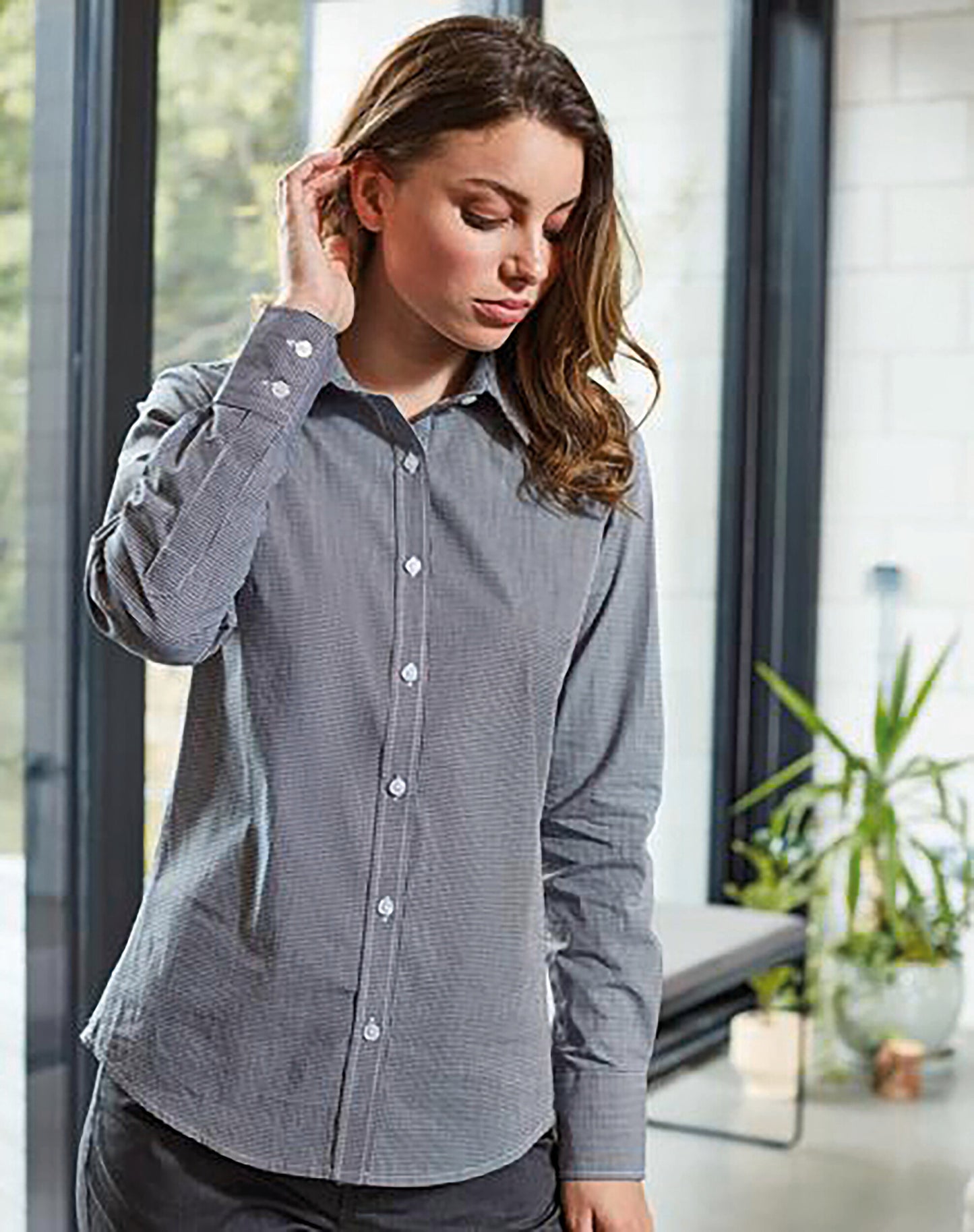 Ladies' long sleeve microcheck gingham shirt