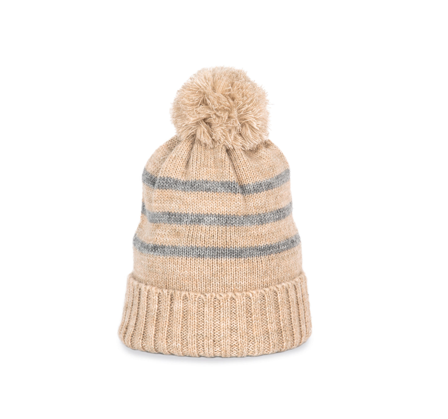 Gestreepte muts, gebreid met gerecycled garen.