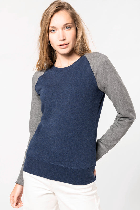 Tweekleurige damessweater BIO ronde hals raglanmouwen