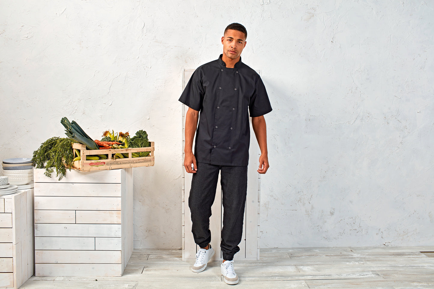 Studded Front Short Sleeve Chef's Jacket